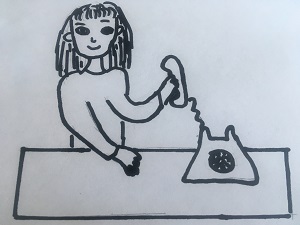 Na białej kartce A4 znajduje się narysowana dziewczynka ze słuchawką od telefonu w ręku