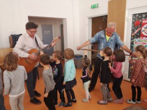 dzieci ustawione w rzędzie dotykają gitary i fletu