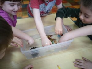 dzieci przy stoliku sprawdzają jaki przedmiot tonie, kasztan, szyszka, ołówek