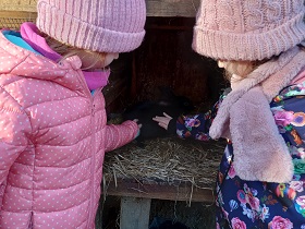Dwie dziewczynki głaszczą królika, który siedzi w klatce.