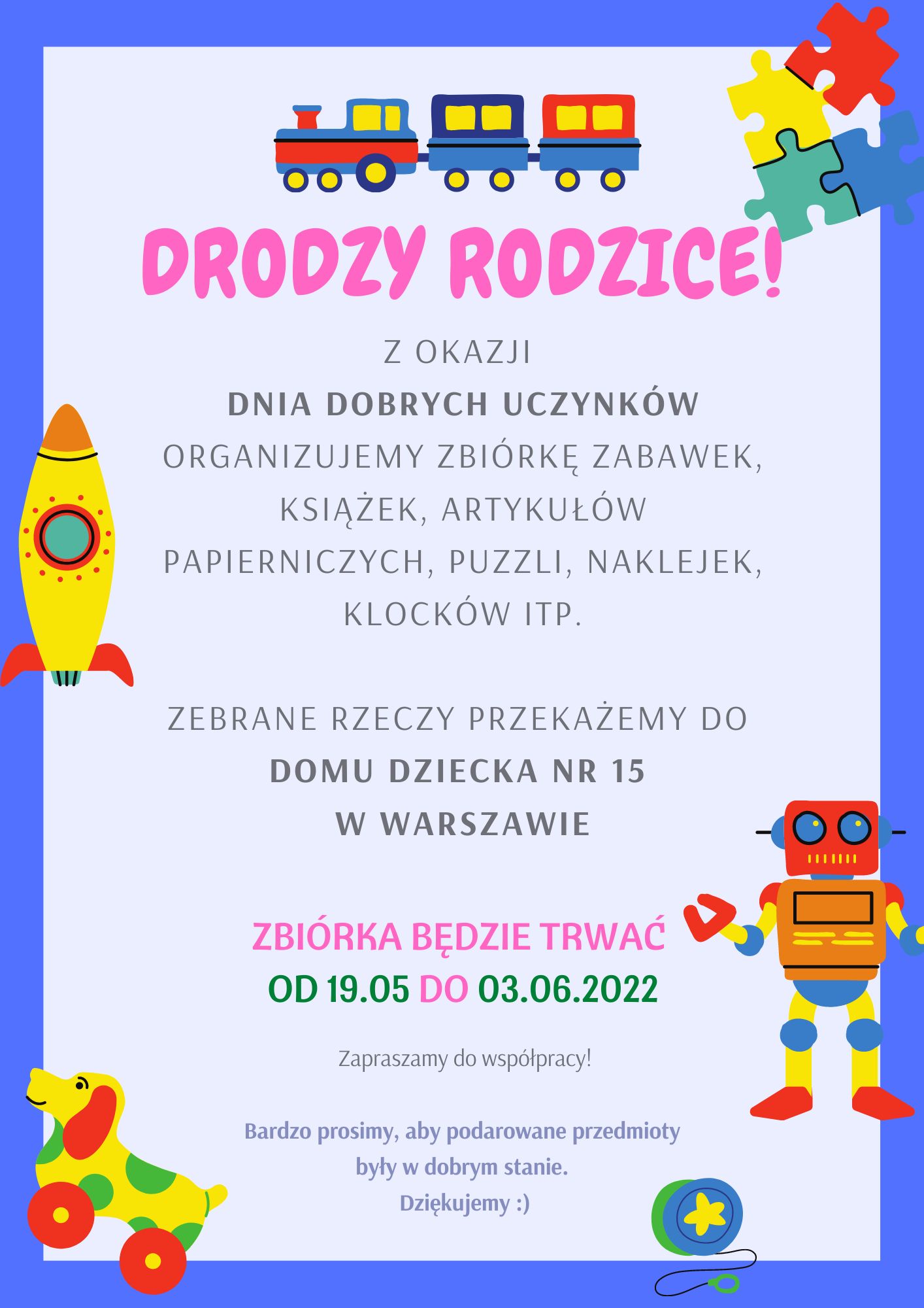 Plakat informujący o zbiórce rzeczy i zabawek dla domu dziecka numer 15 Warszawie