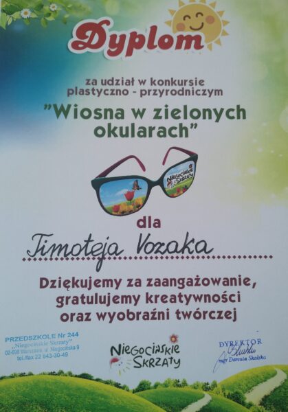 dyplom za udział w konkursie "Wiosna w zielonych okularach"