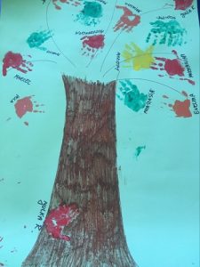 Drzewo z liśćmi w jesiennych kolorach w kształcie odciśniętych rączek dzieci.