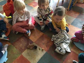 Na podłodze siedzą 3 dziewczynki. Po lewej stronie siedzi dziewczynka w bluzce w gwiazdki, w środku siedzi dziewczynka w bluzce z myszką Miki i kaczorem Donaldem, a po prawej stronie dziewczynka w żółtej bluzce z trójkącikami. Dziewczynka po prawej stronie wyjmuje z worka jesienne dary przyrody.