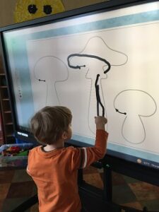 Chłopiec w pomarańczowej bluzce, rysuje grzyby po śladzie na monitorze multimedialnym.