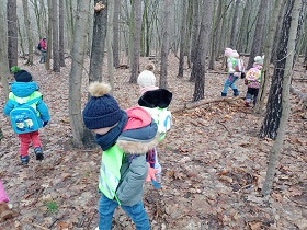 Dzieci szukają czegoś w lesie. Są ubrane w czapki, kurtki oraz odblaskowe, zielone kamizelki. 