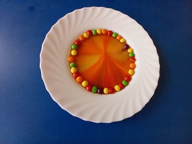 Na białym talerzu ułożone są kolorowe cukierki, które pod wpływem wody wypuściły barwnik.