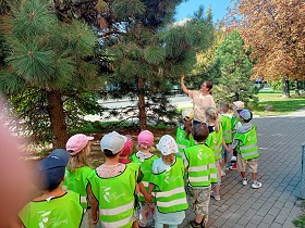 Dzieci są ubrane w zielone, odblaskowe kamizelki i stoją w parach na chodniku, na dworze. Pani pokazuje im igły drzewa iglastego. 