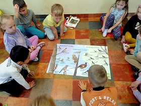 Dzieci siedzą wokół plakatu, na którym przedstawione są ptaki, które odlatują na zimę, przylatują bądź zostają. 