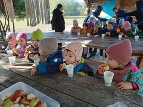 Dzieci siedzą przy dużych ławach i jedzą drugie śniadanie