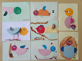 Zdjęcie przedstawia prace dzieci. Prace przedstawiają ptaki wykonane z kolorowych, papierowych kół