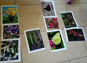 Na podłodze znajdują się obrazki przedstawiające oznaki wiosny. jest 9 obrazków.
