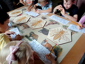 Dzieci siedzą przy stolikach i zaznaczają owady na kartkach z narysowaną łąką i owadami. Na stoliku na środku lezą cztery zestawy drewnianych puzzle pszczoły. 