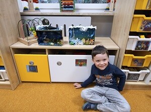 Chłopiec siedzi uśmiechnięty na dywanie. Za nim na szafce stoją dwa akwaria zrobione z kartonowych pudeł, zabawek, makaronu oraz różnych materiałów.